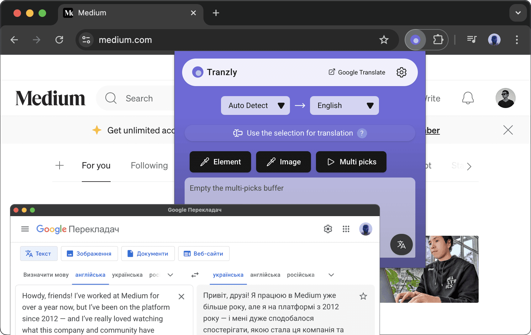 Tranzly chrome extension - translate text or image in Google Translate